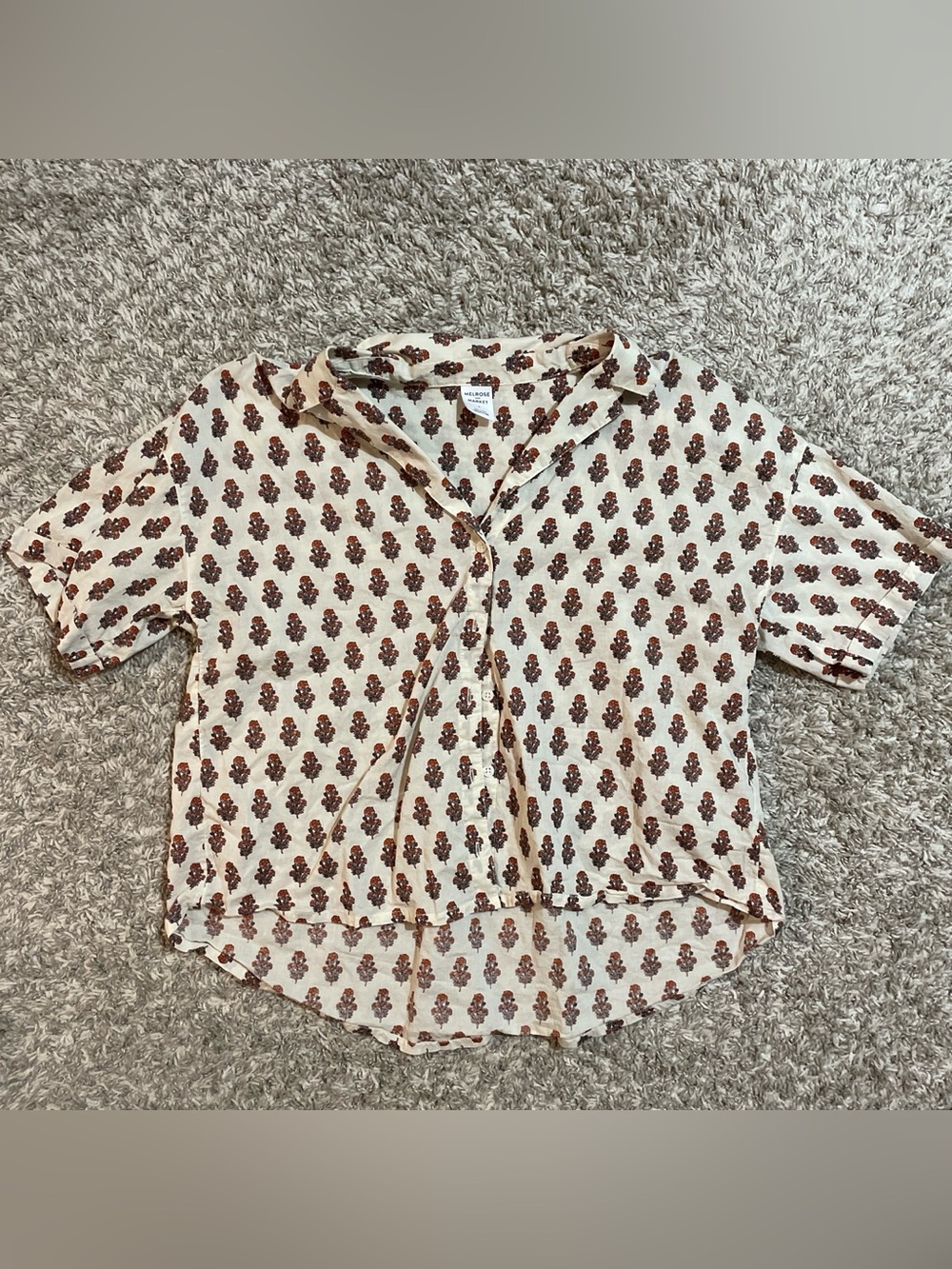 Girls Cream Short-Sleeve Button Front Top with Brown Floral Print